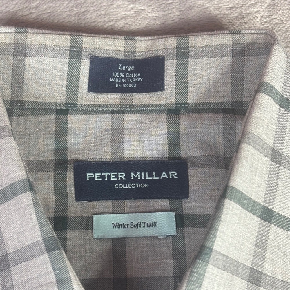 Peter Millar Shirt Mens Large Grey Green Plaid Winter Soft Twill L button up - Picture 3 of 12
